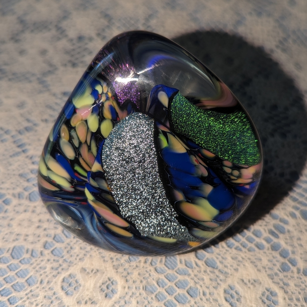 Vintage Rollin Karg signed Dichroic abstract art glass paper weight.